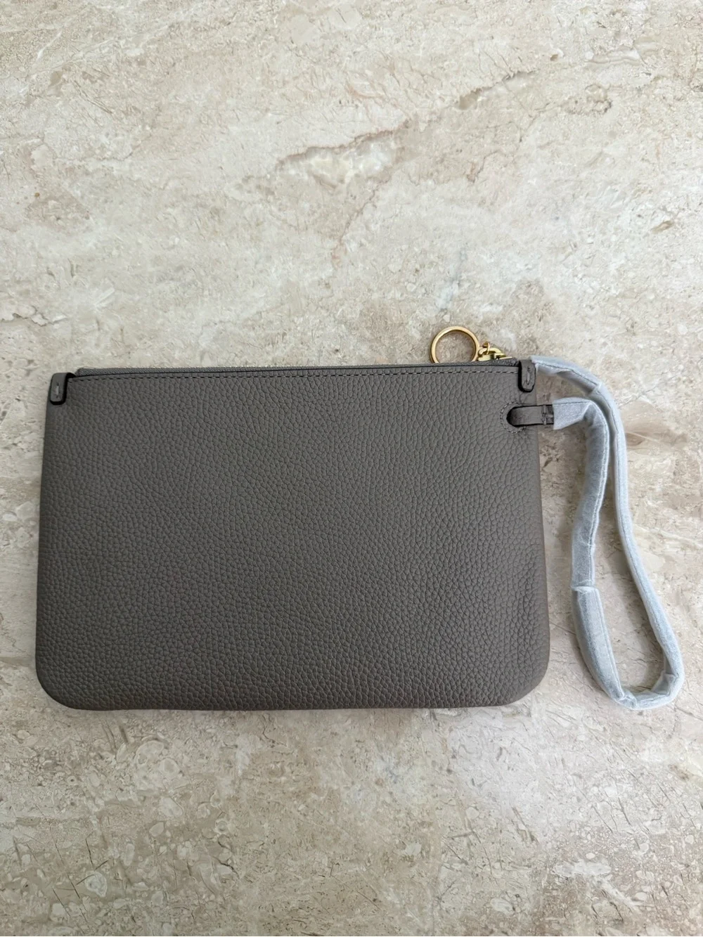 Tory Burch Gray Pebbled Leather Wristlet Clutch with Gold Hardware